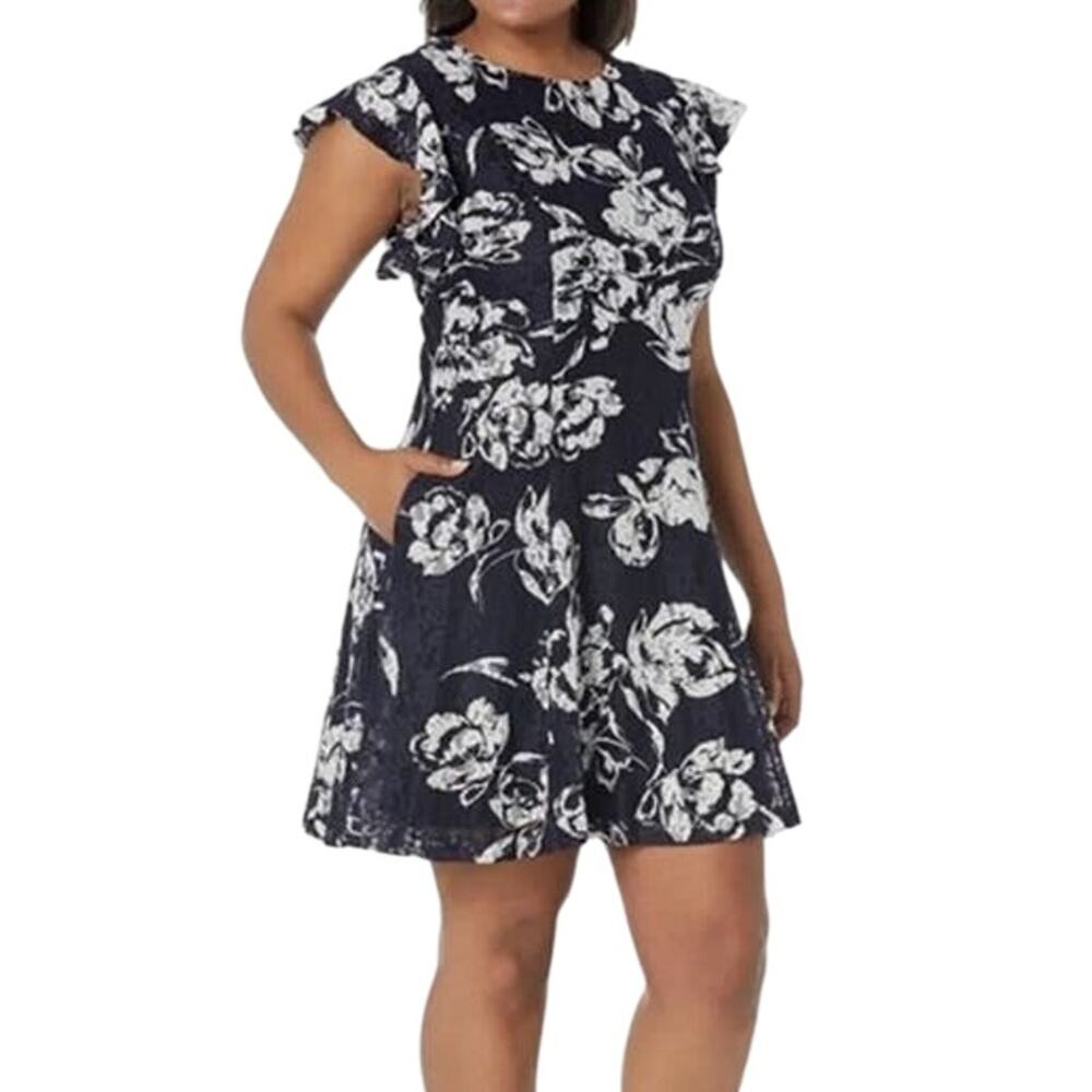 Eliza J dress floral lace overlay ruffle sleeve navy blue size 2